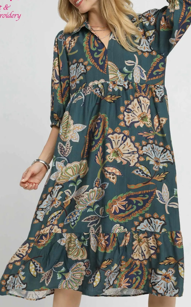 Teal Boho Paisley Midi Dress