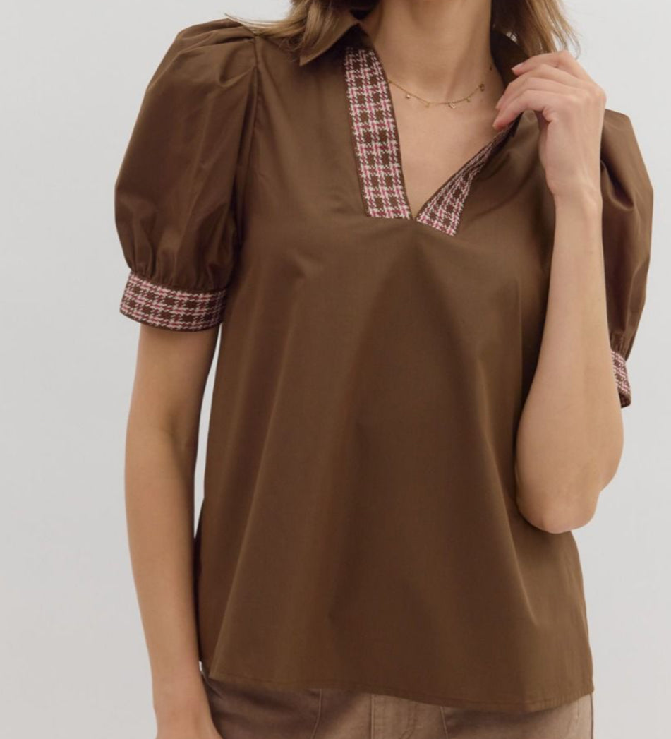 Brown Plaid Trim Top