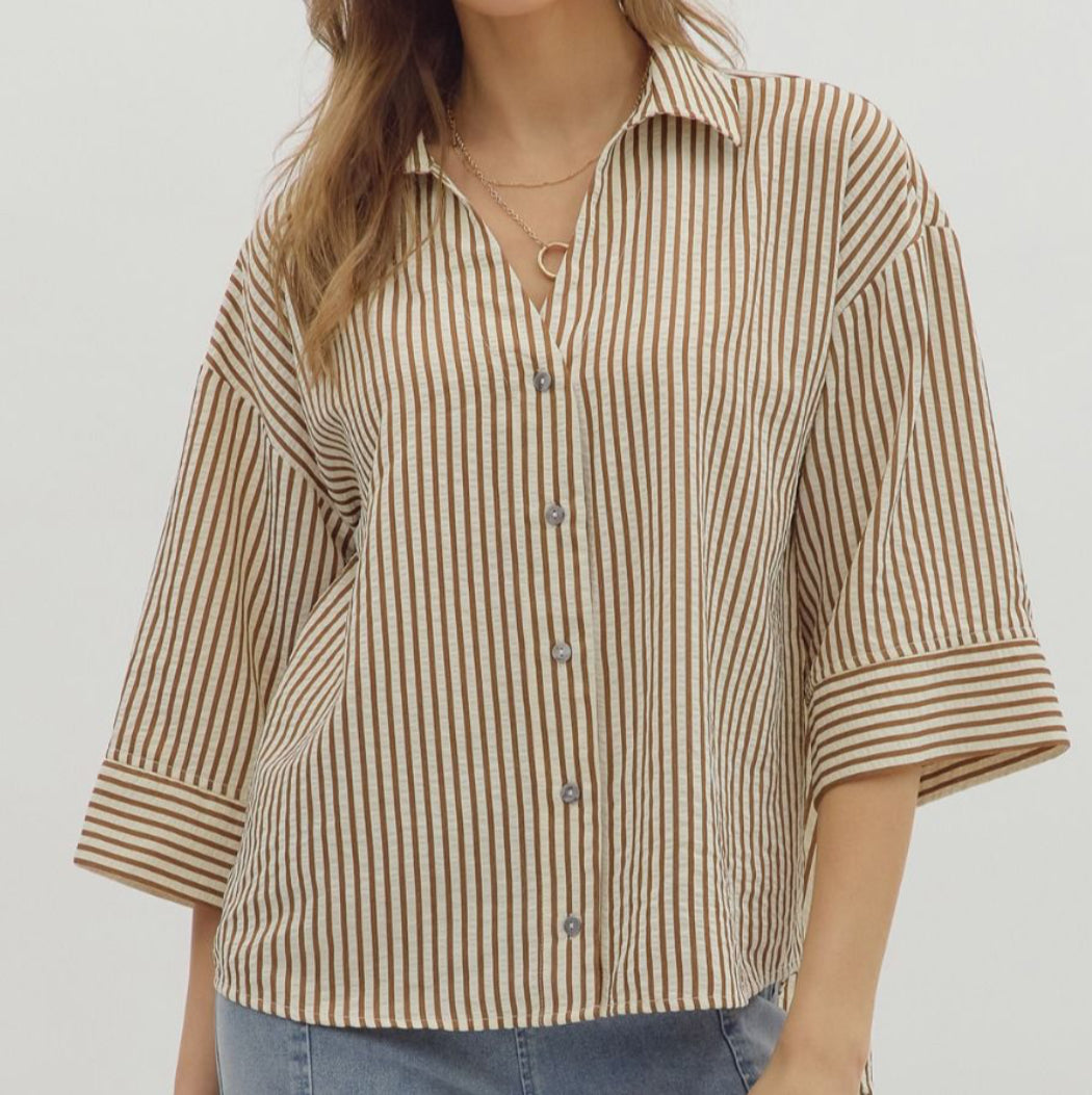 Brown Striped 3/4 Sleeve Top