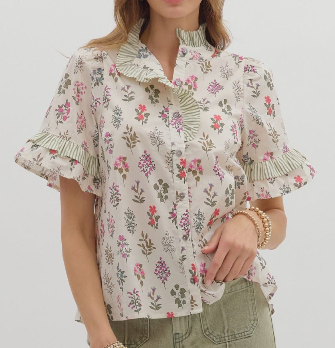 Cream Floral Button Up Top