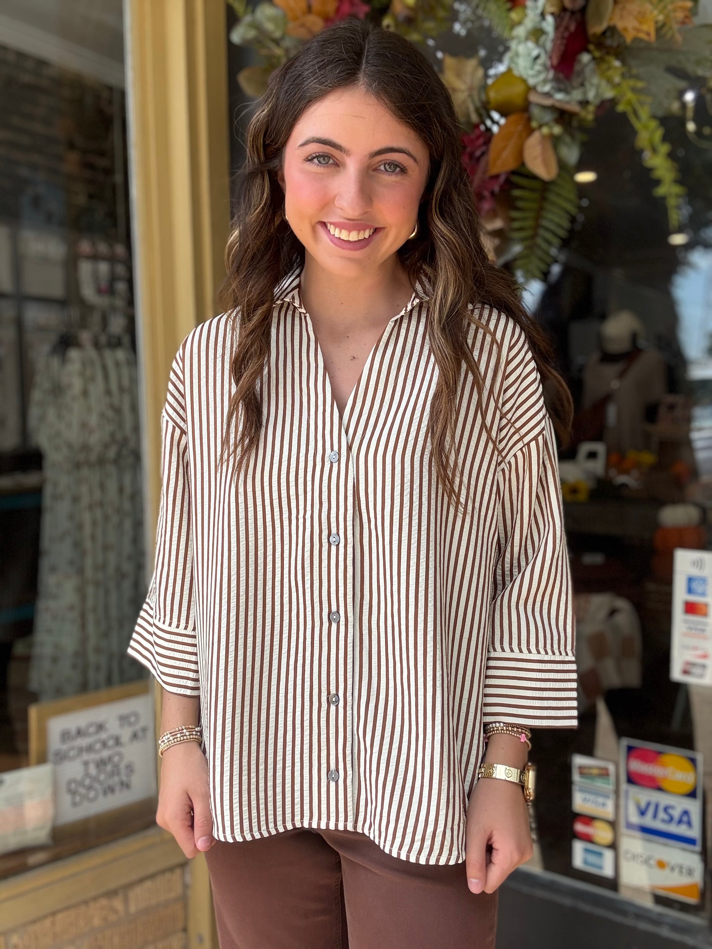 Brown Striped 3/4 Sleeve Top