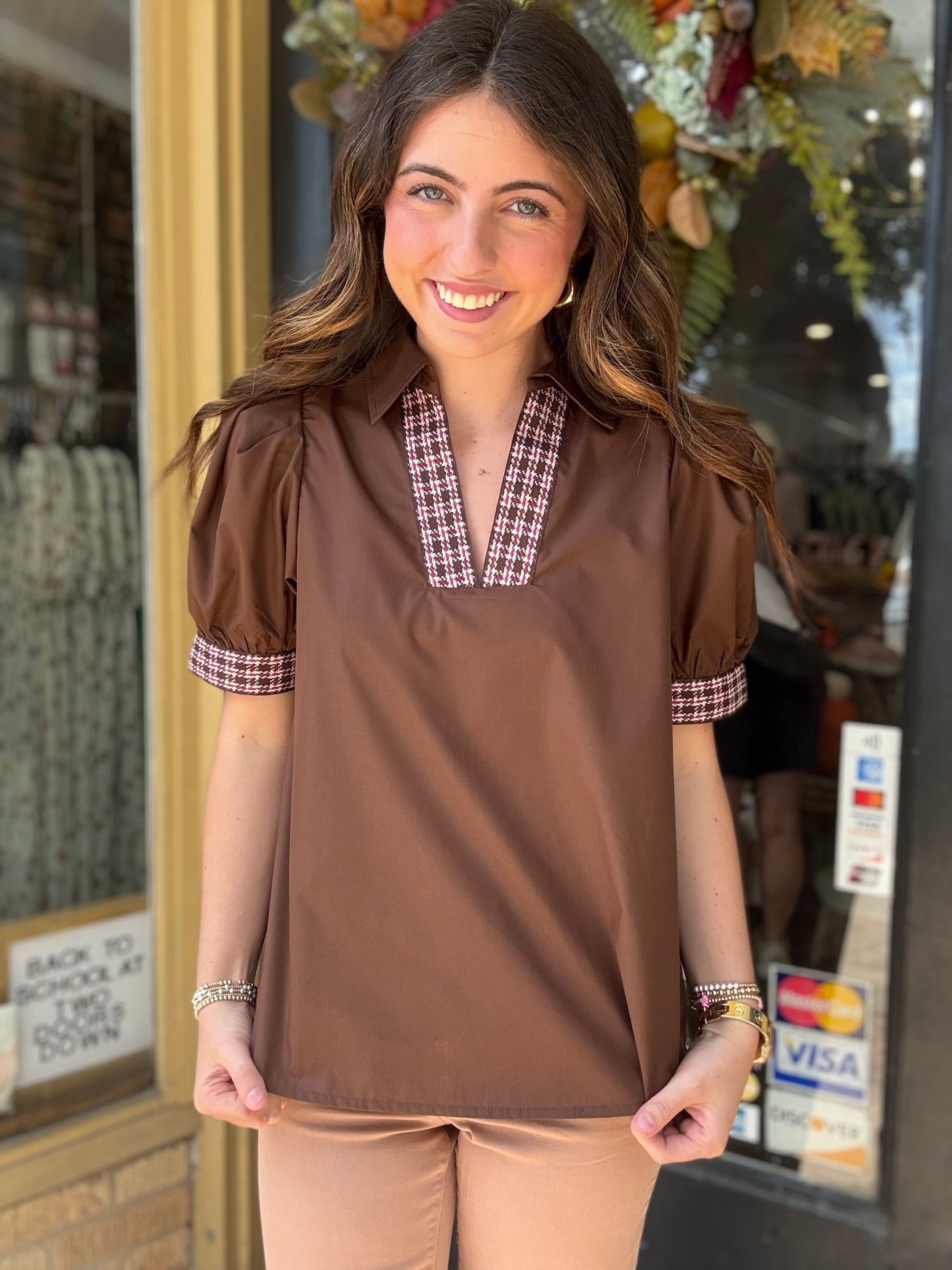 Brown Plaid Trim Top