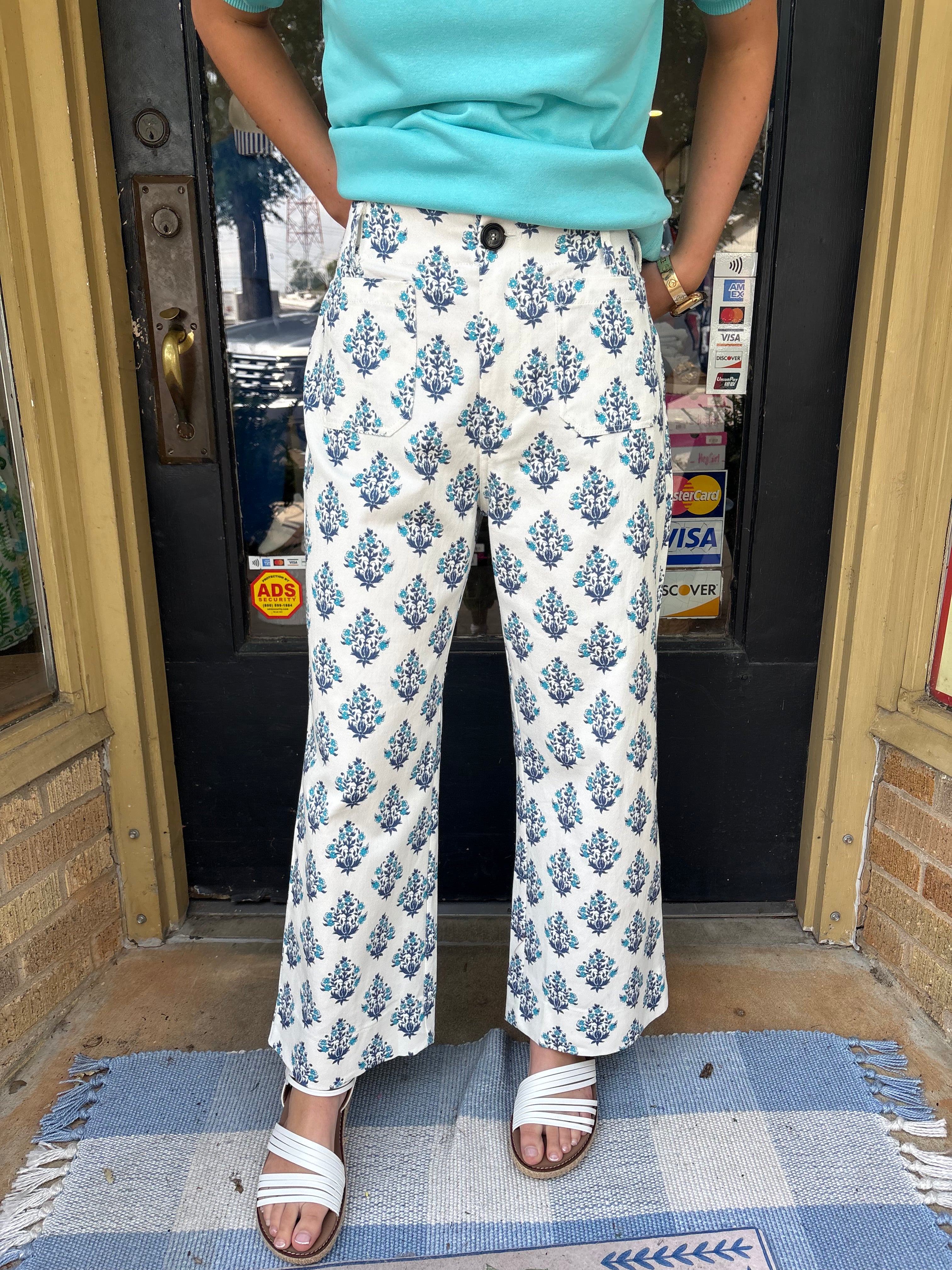Blue Botanical Crop Pants