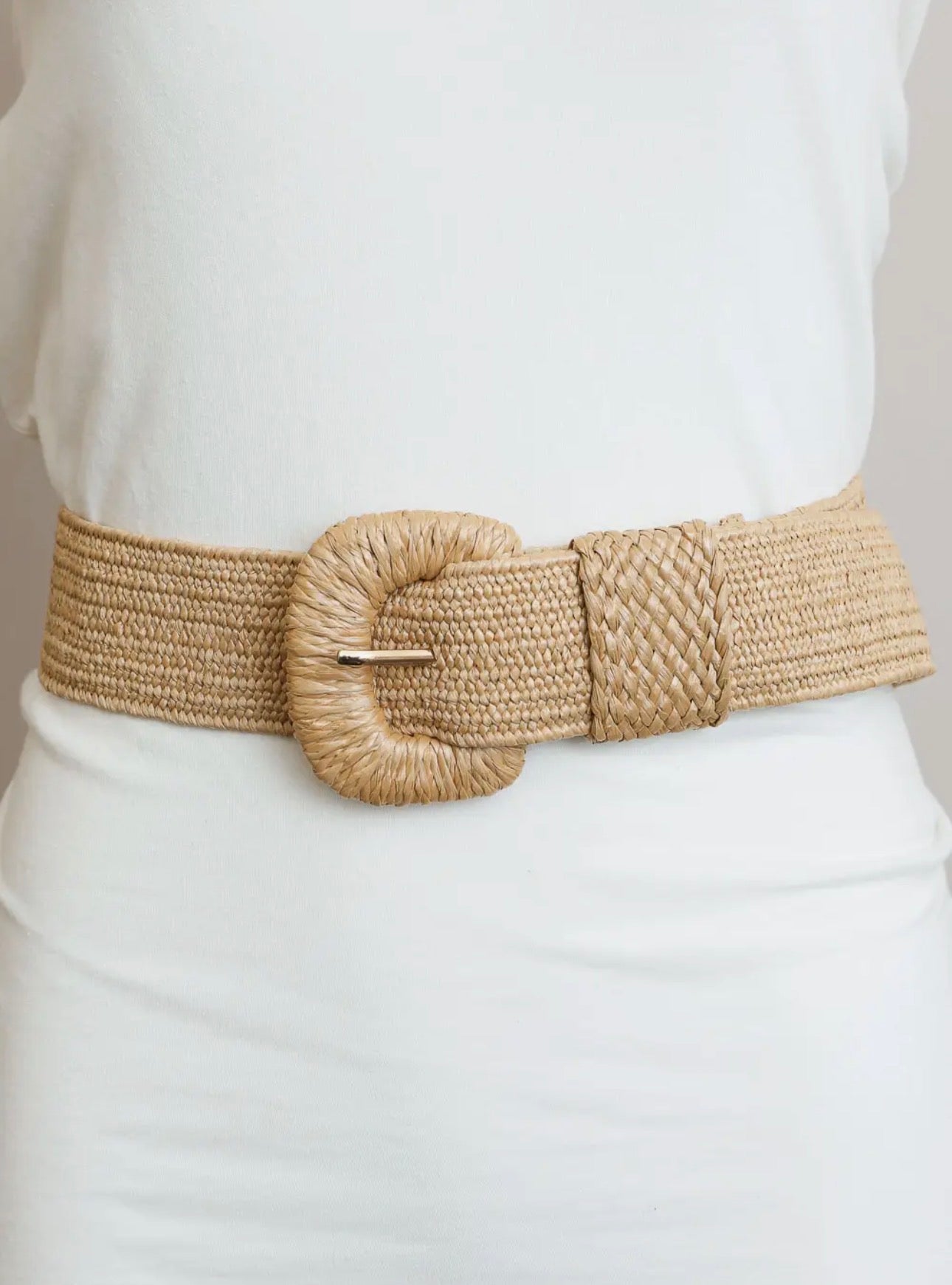 Raffia Square Buckle Stretch Belt
