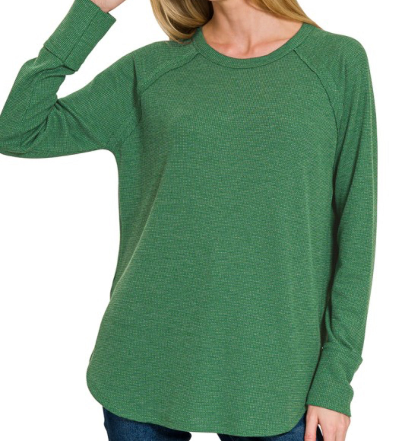 Dark Green Waffle Long Sleeve Top