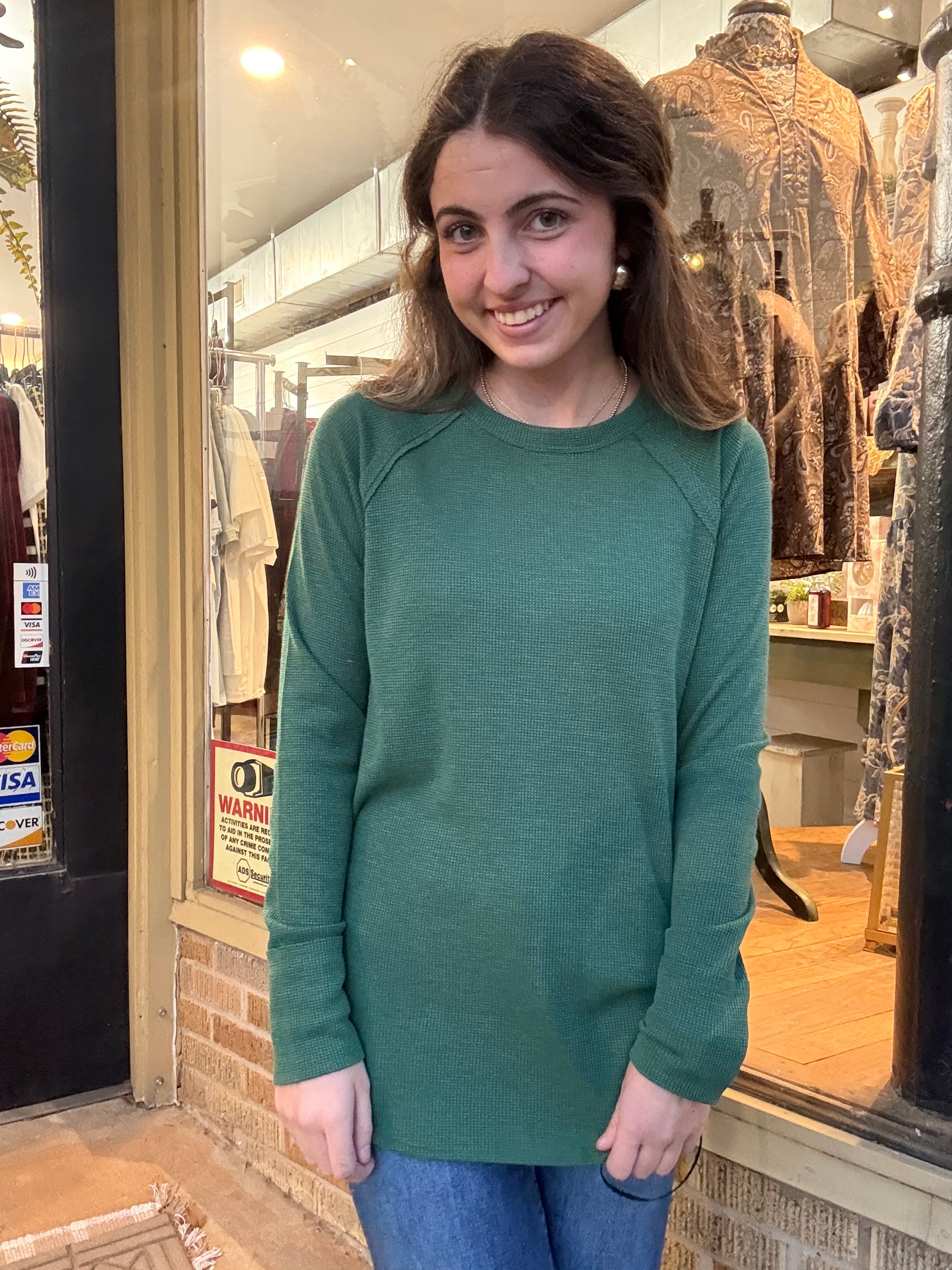 Dark Green Waffle Long Sleeve Top