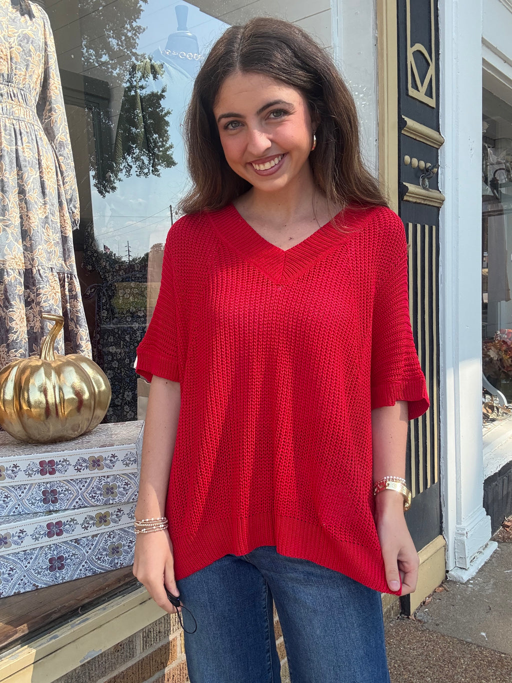 Red V Neck Knit Top