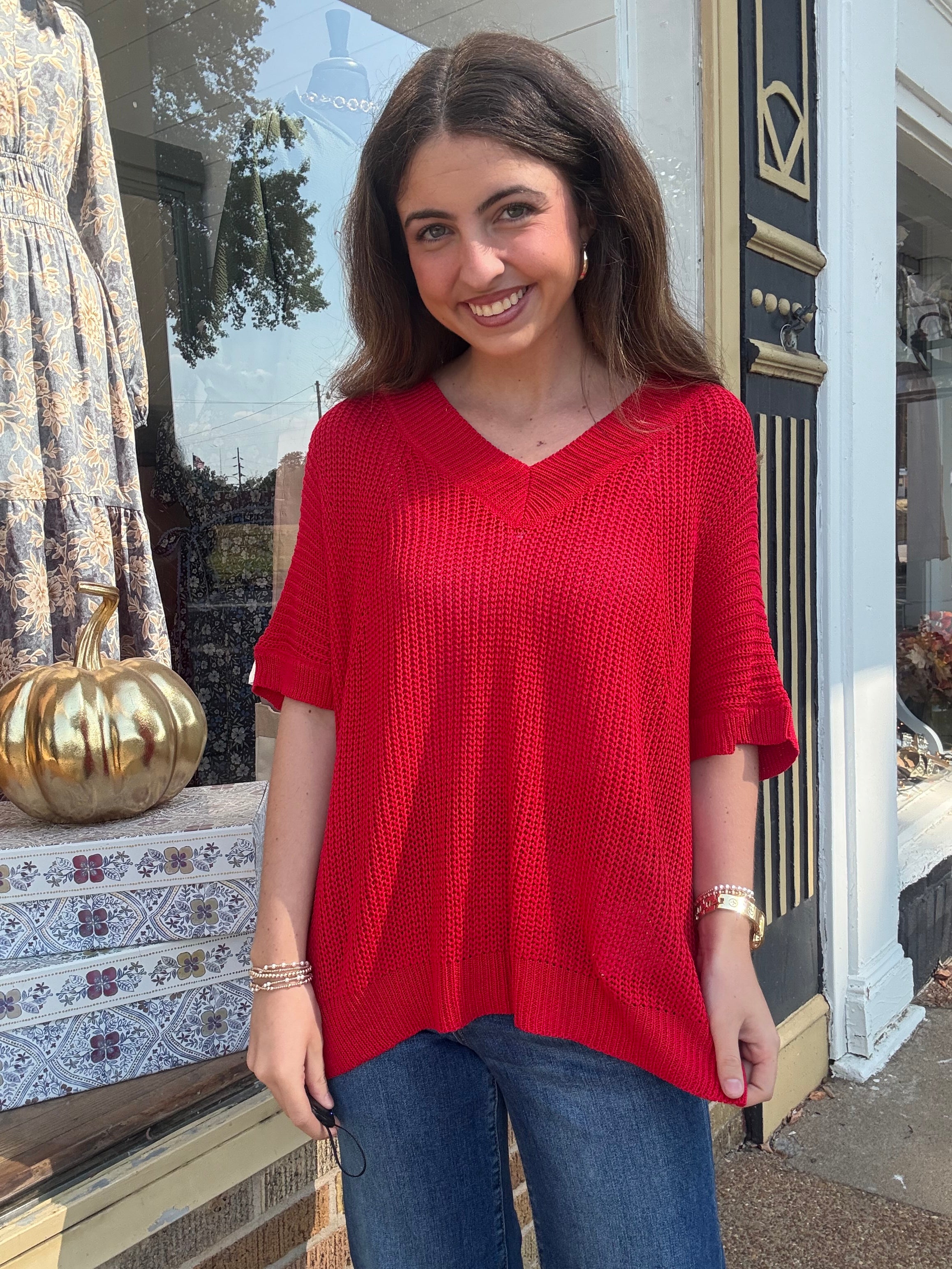 Red V Neck Knit Top