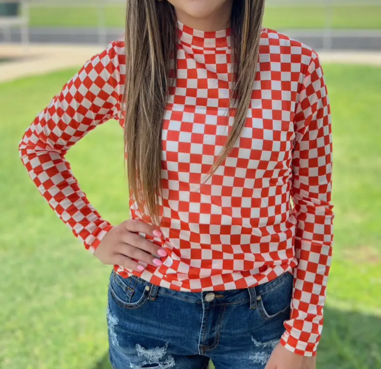 Orange/White Checkered Mesh Top
