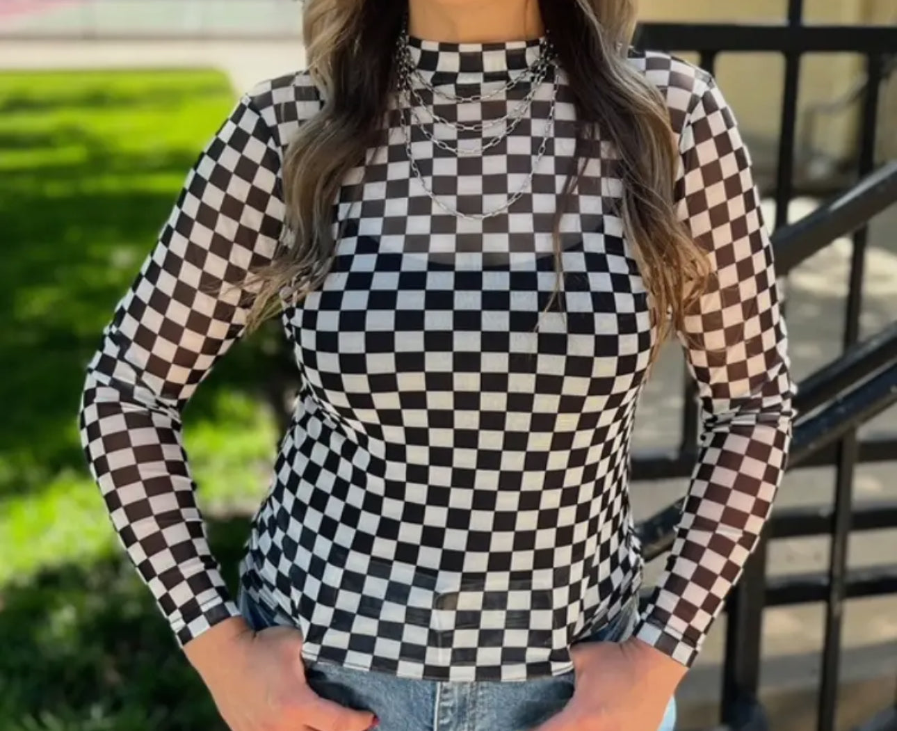 Black/White Checkered Mesh Top
