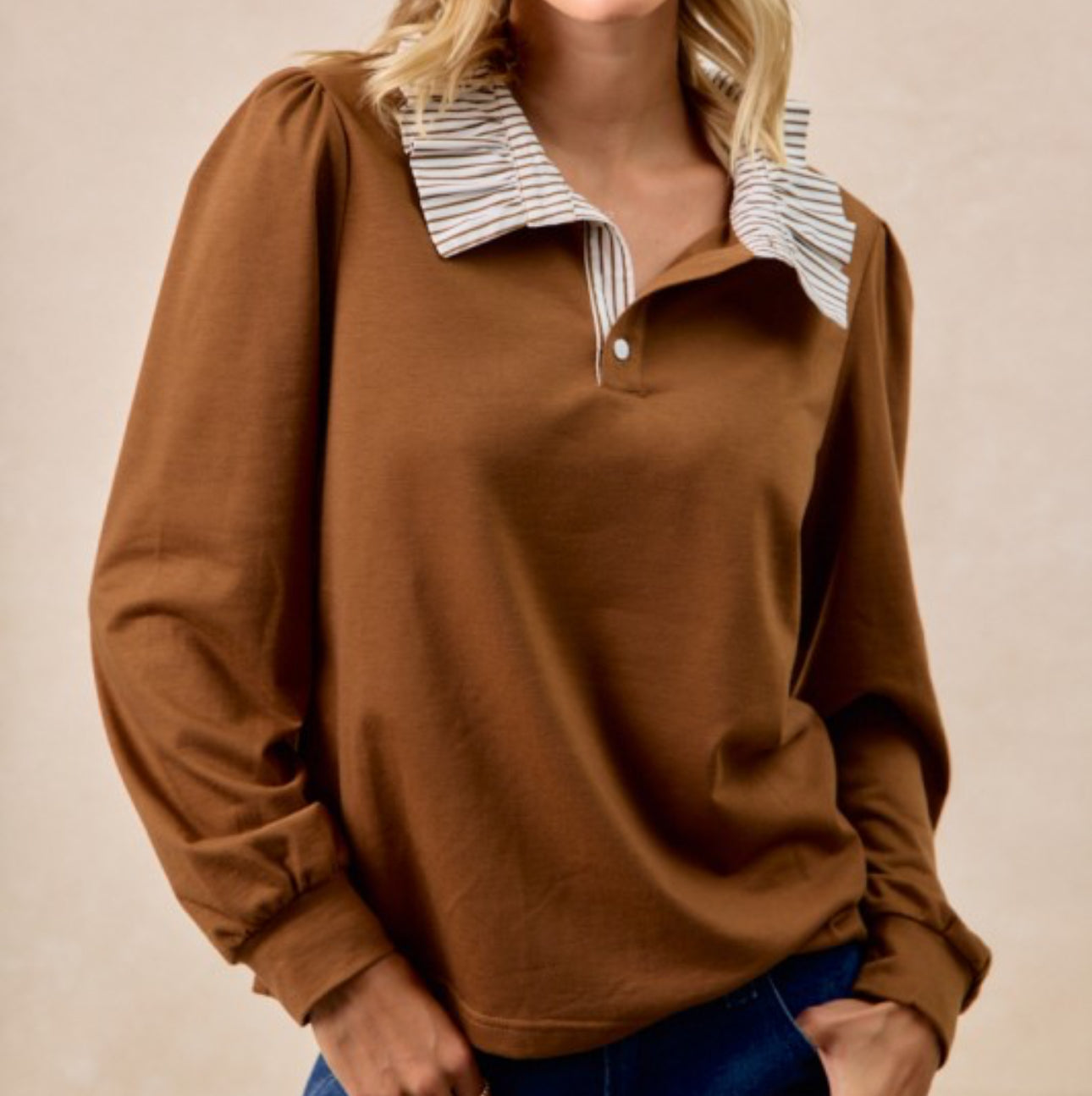 Mocha French Terry Ruffled Top