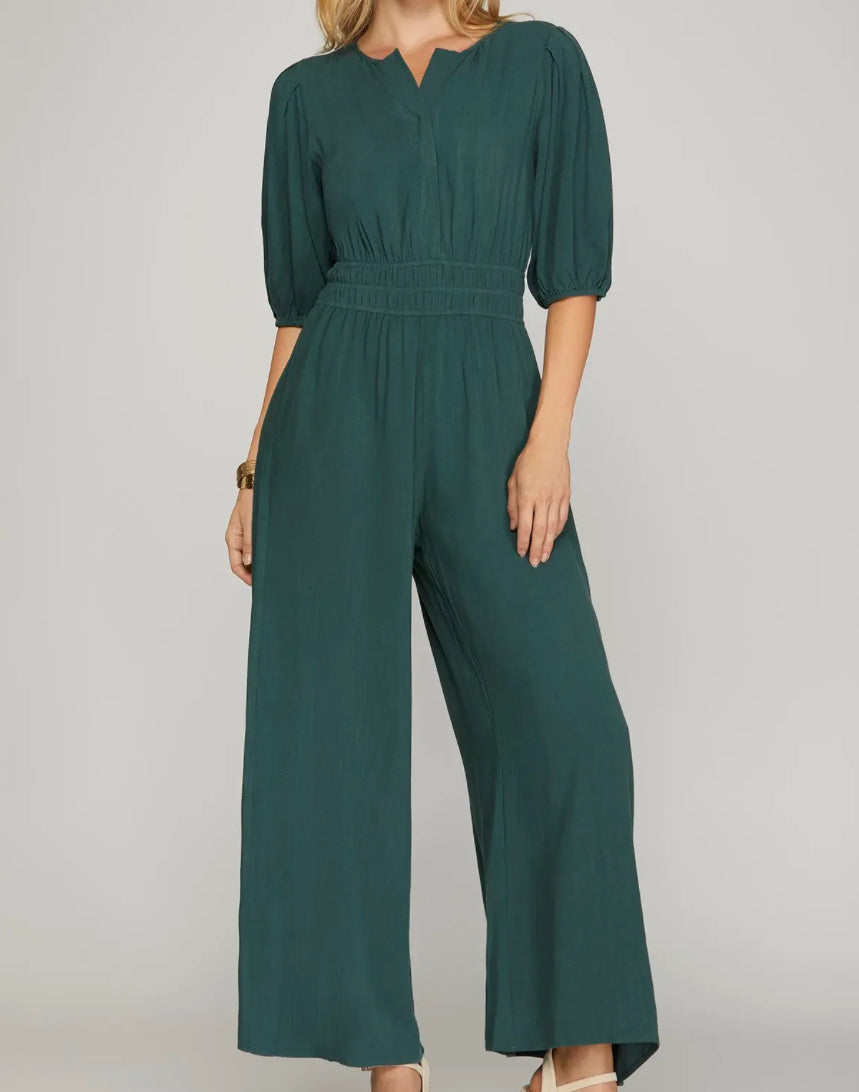 Green Smocked Waist Jumpsuit