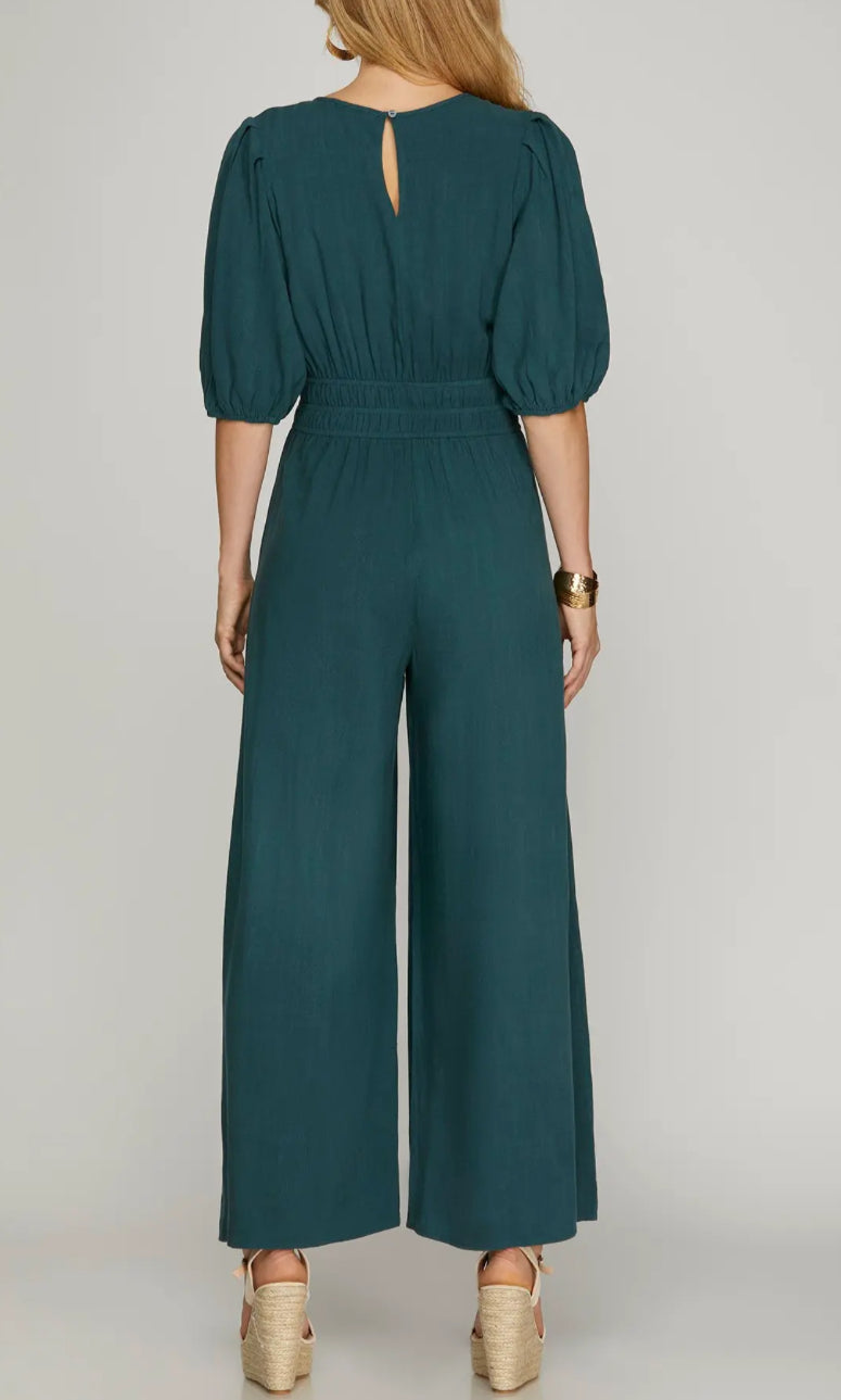 Green Smocked Waist Jumpsuit