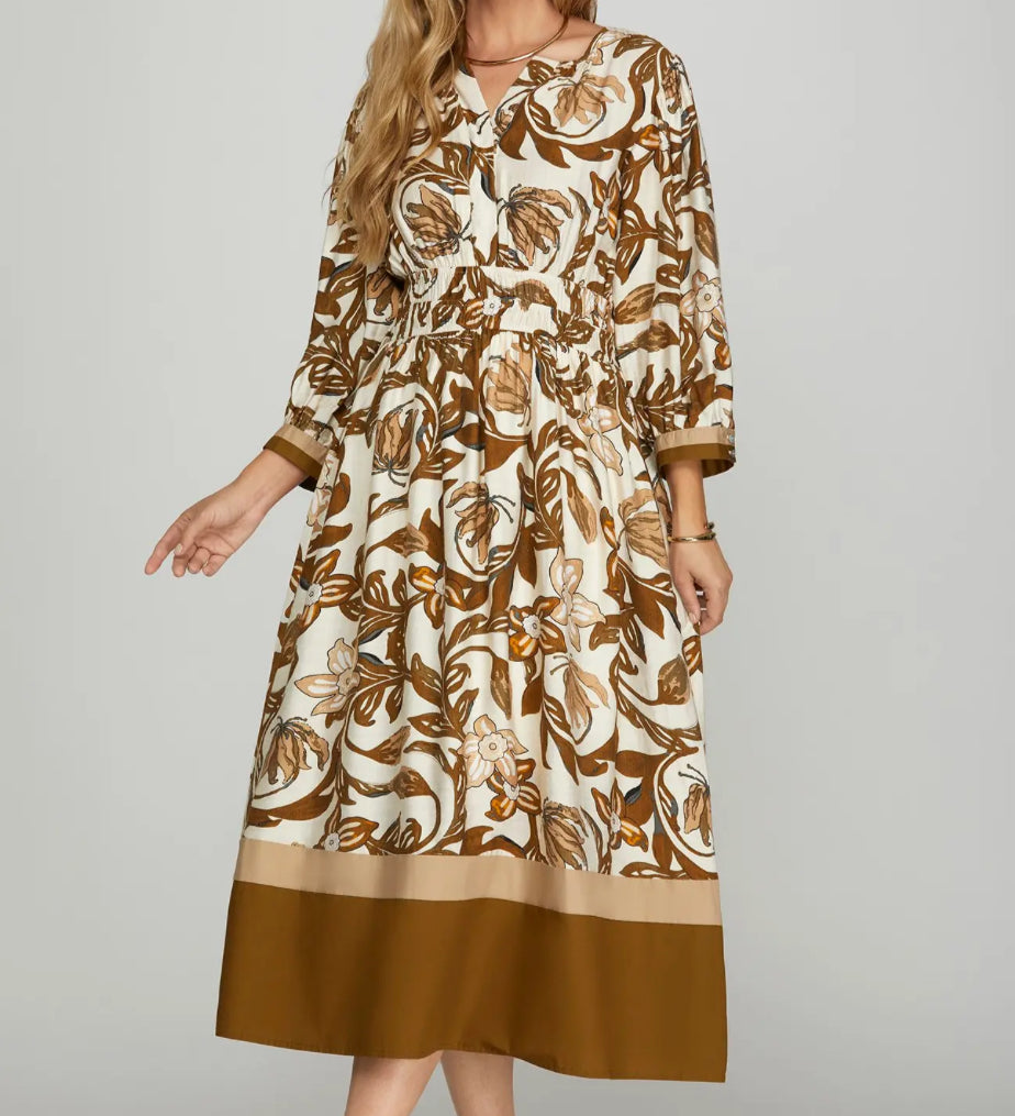 Brown Floral Midi Dress