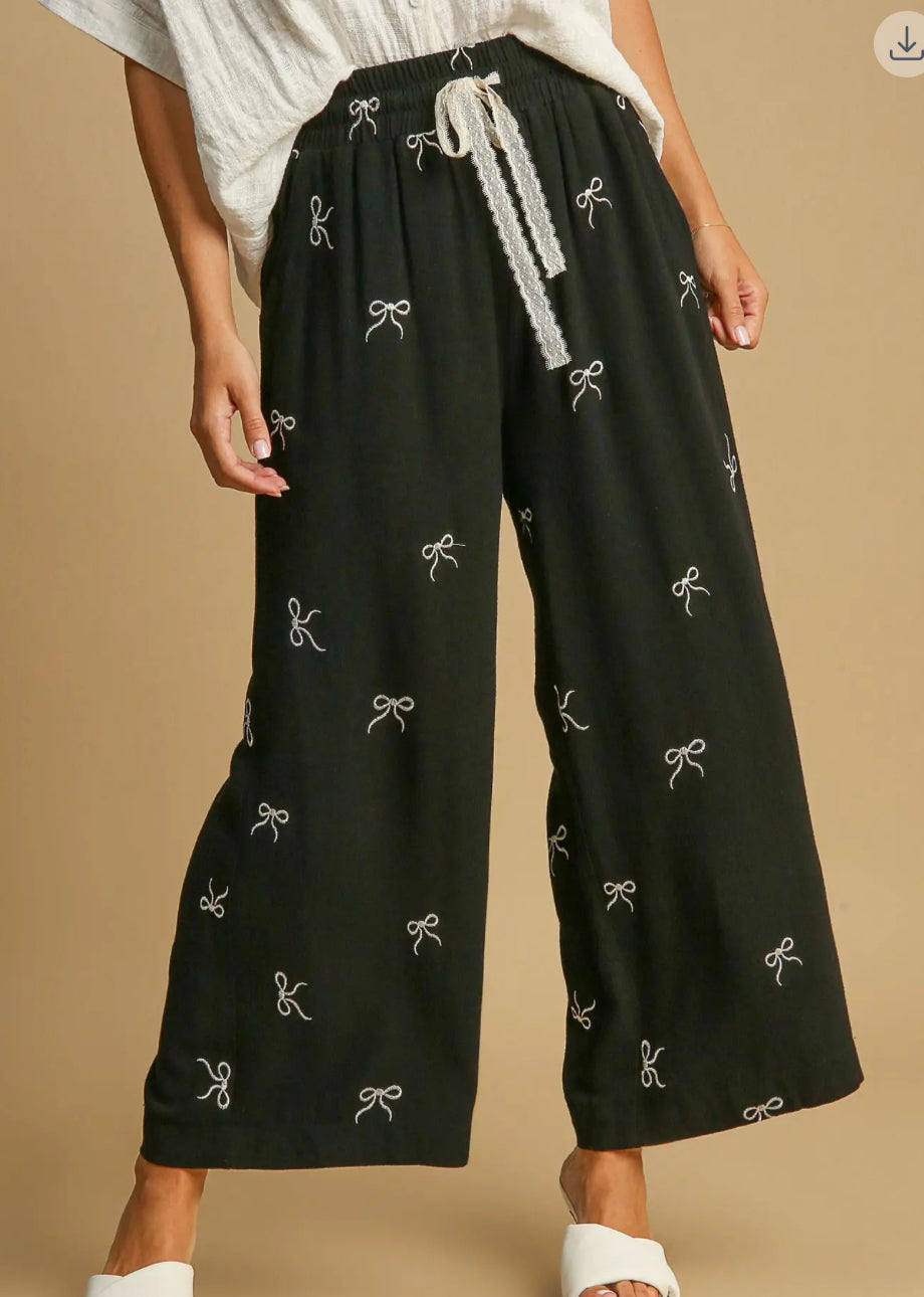 Black Embroidered Bow Pants
