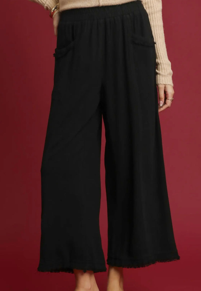 Black Linen Frayed Hem Pants