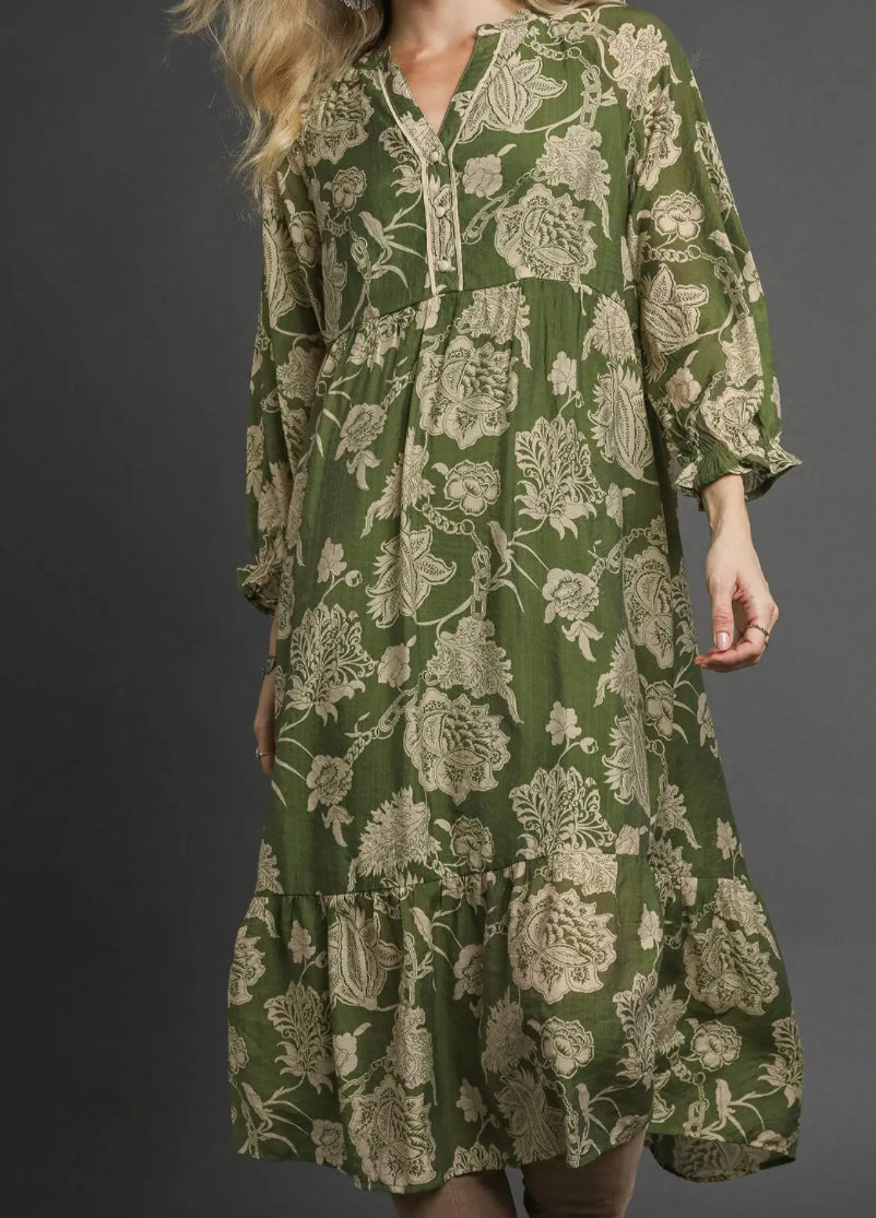 Green Floral Boho Midi Dress