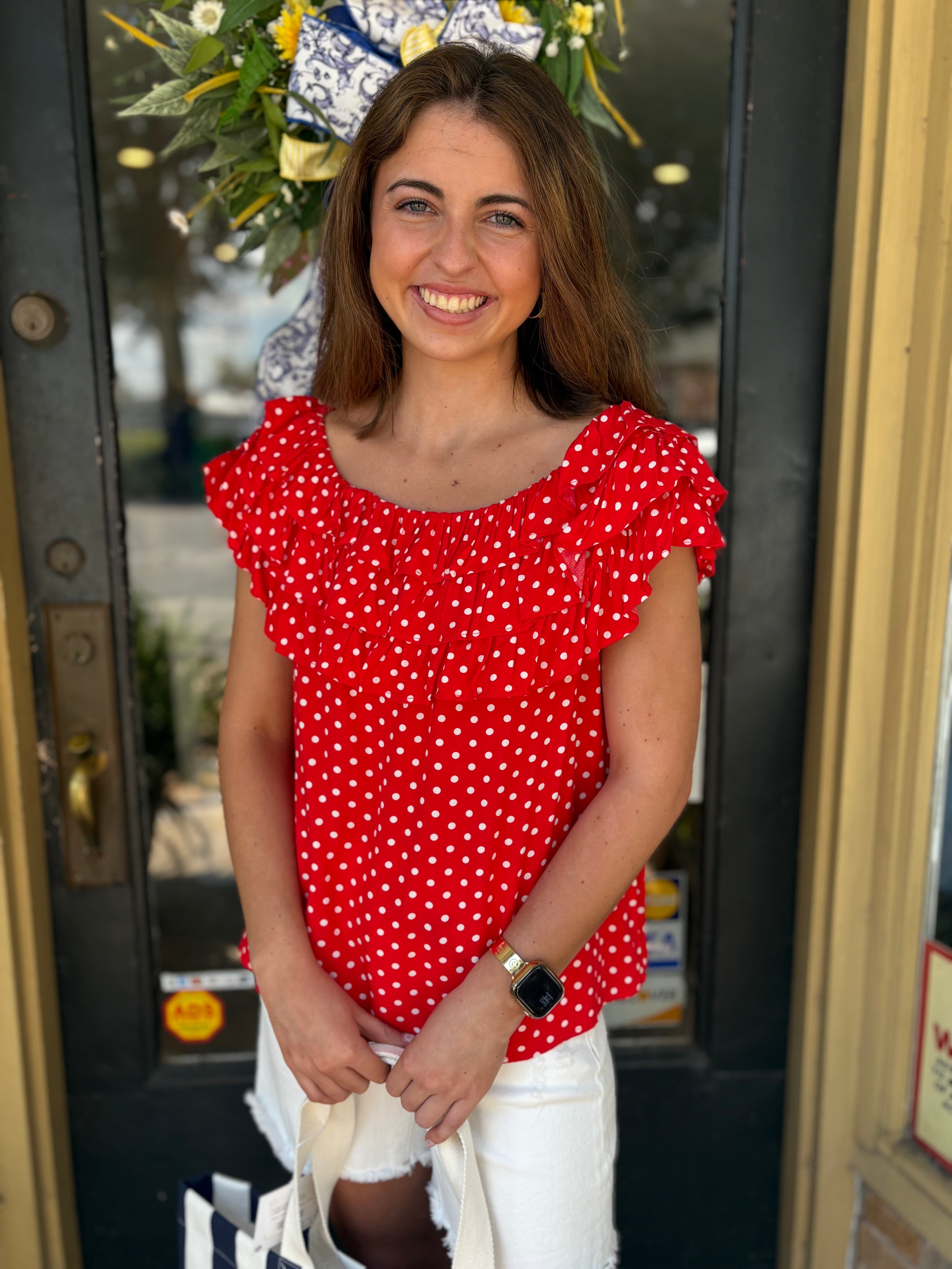 Red Dottie Frill Top