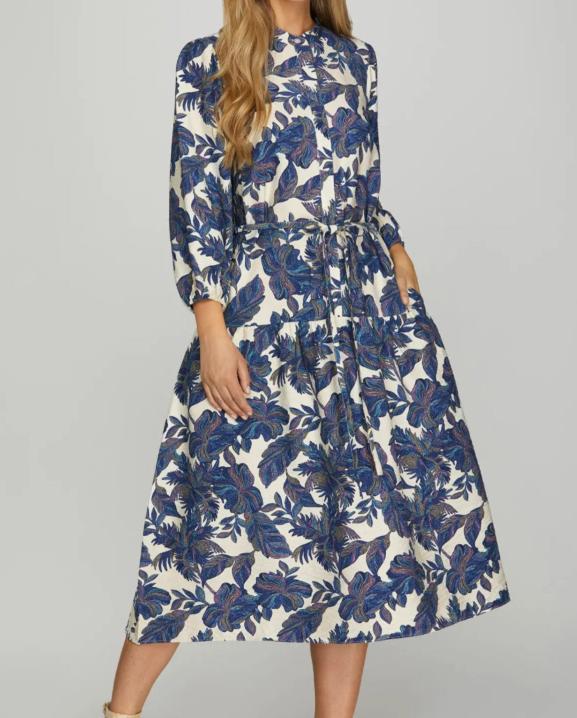 Navy Print Midi Dress