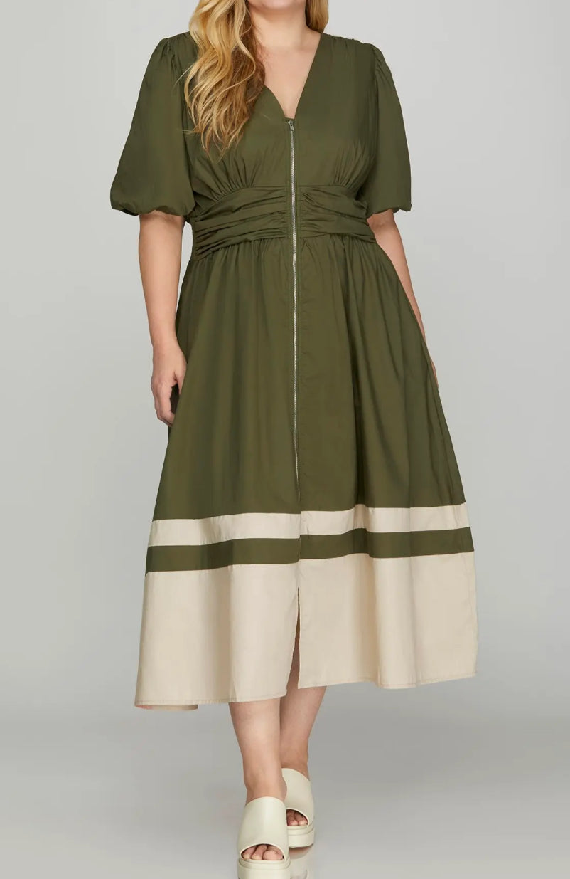 Plus Olive Front Zip Midi Dress