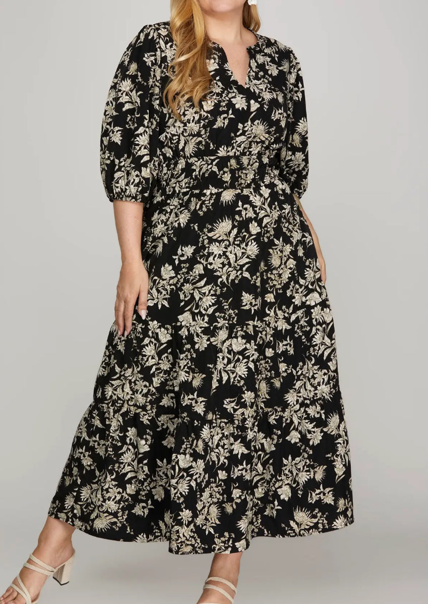Plus Black Printed Midi Dress