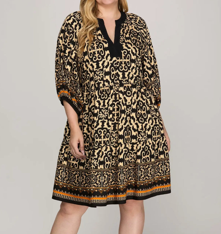 Plus Black Print 3/4 Sleeve Dress
