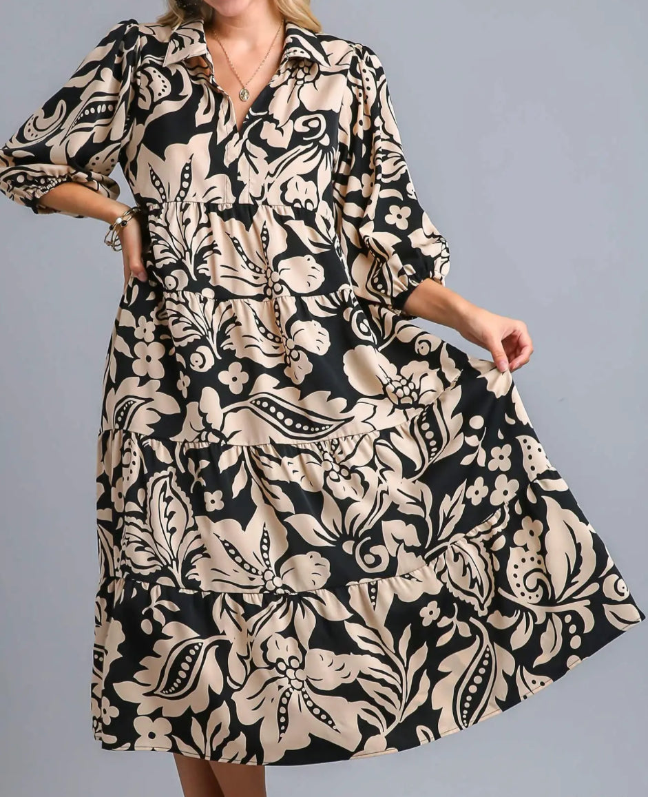 Black Two Tone Midi Dress