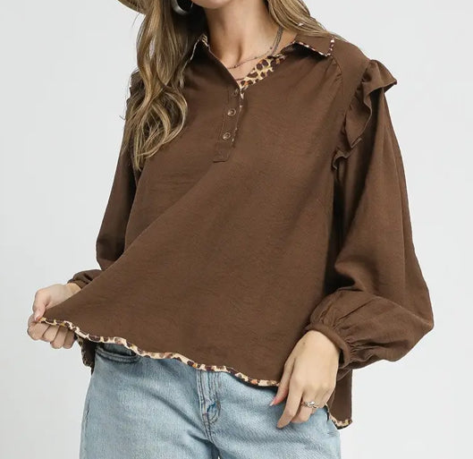 Brown Ruffle Shoulder Blouse