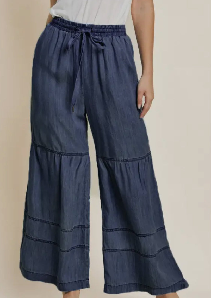 Dark Chambray Denim Tiered Pants