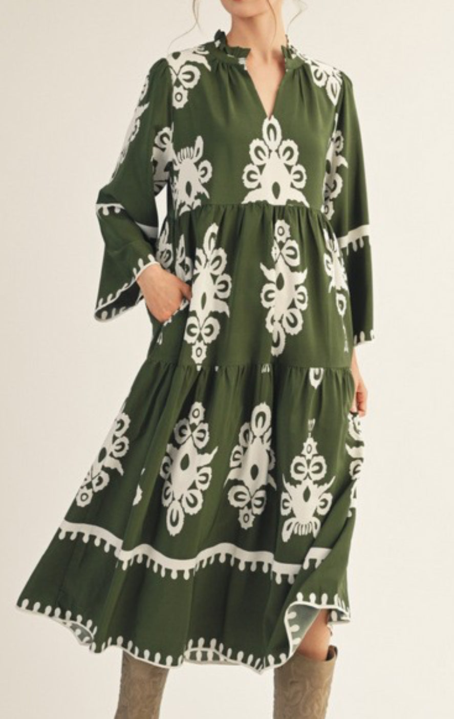 Olive Print Midi Dress