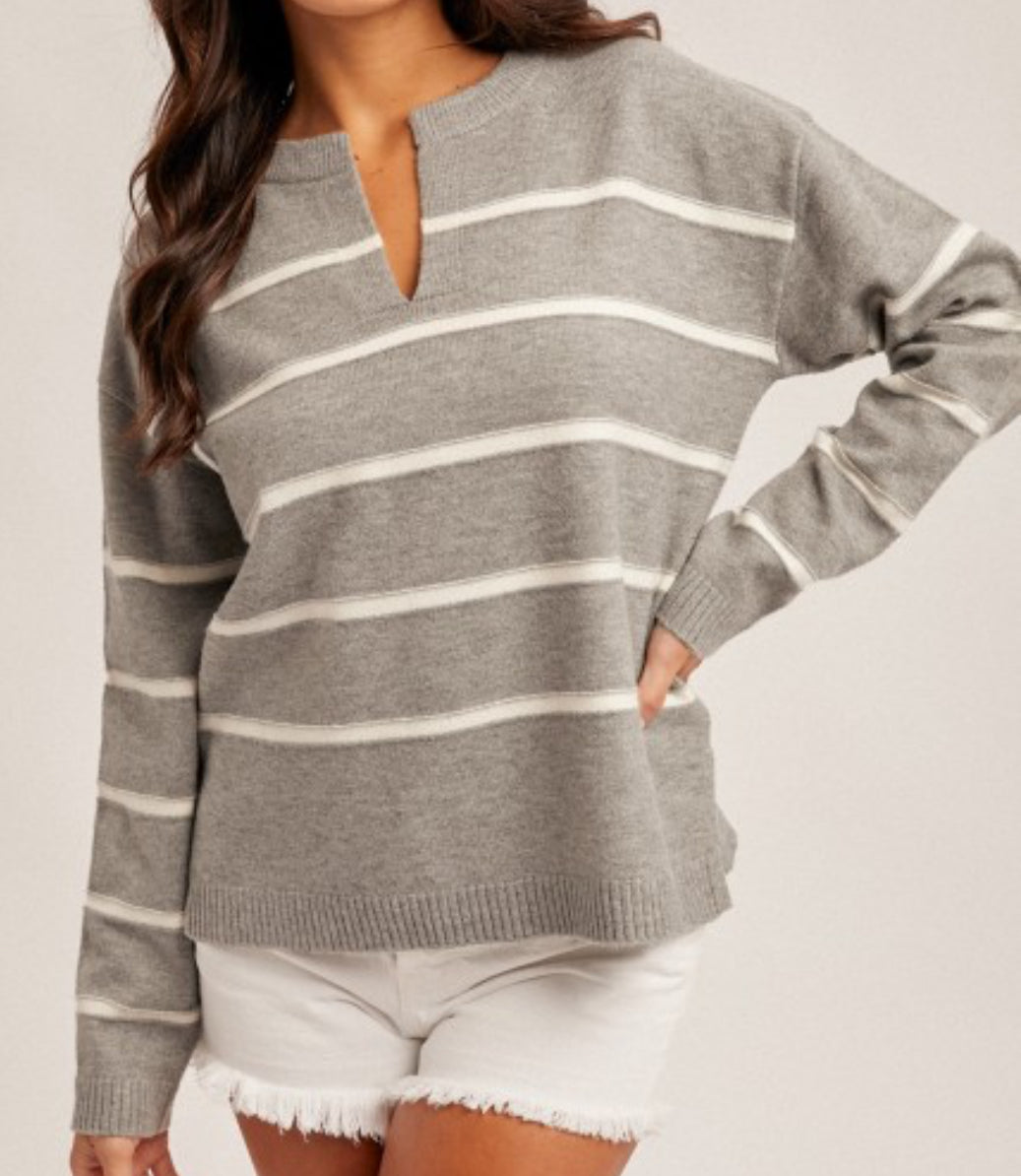 Grey/White Striped V-Neck Sweater