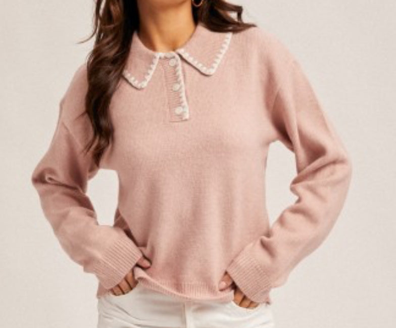 Pink Embroidered Polo Sweater