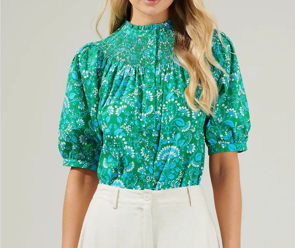 Alina Floral Top- Kelly Cerulean