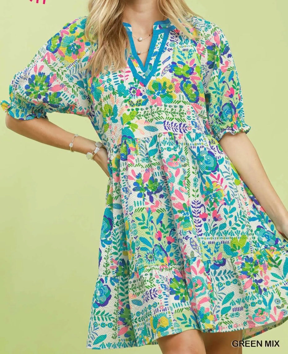 Green Painted Meadows Short Dress