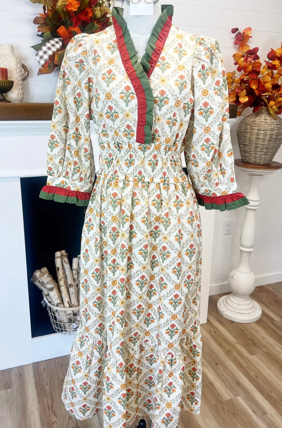 Ecru Floral Print Midi Dress
