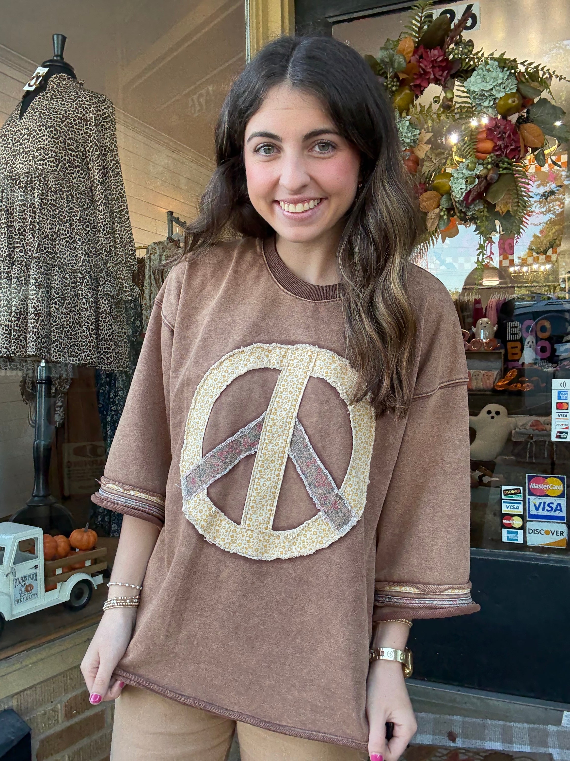 Mocha Oversized Peace Sign Top