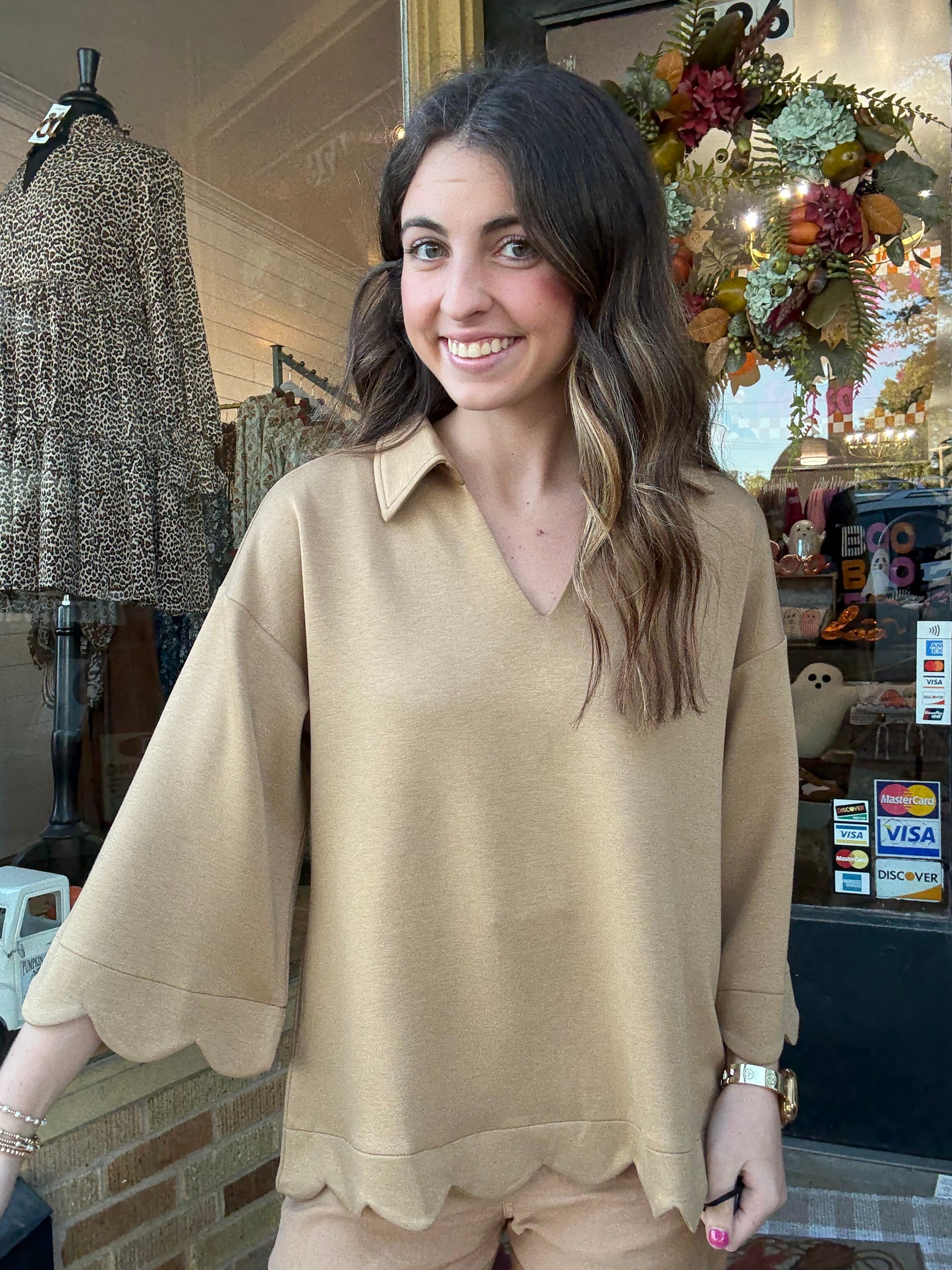 Taupe Scallop Edge Top