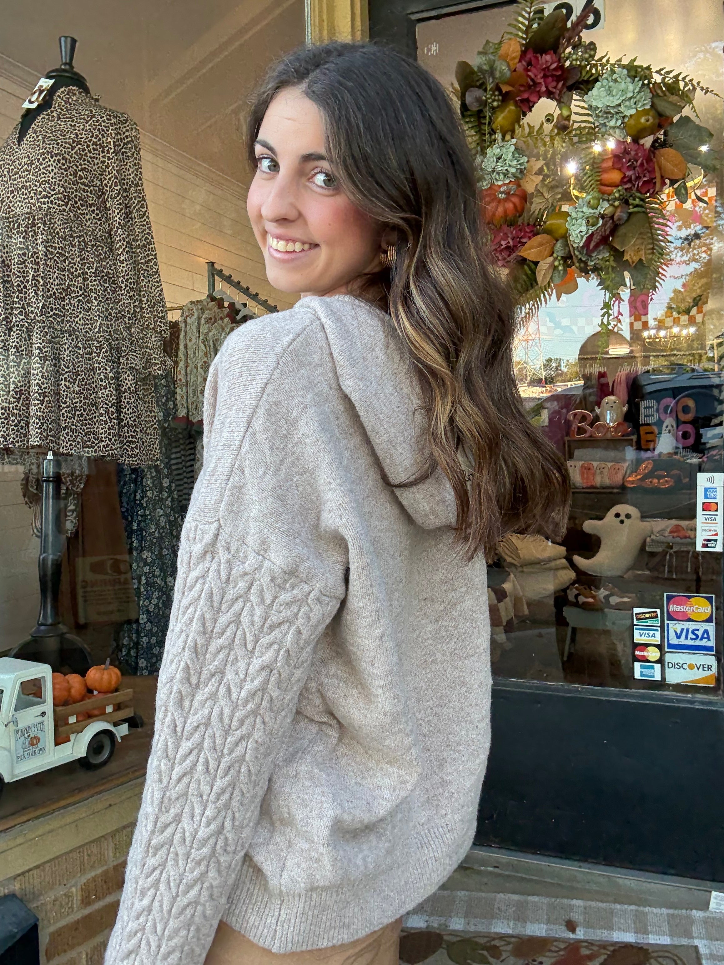 Mocha Cable Knit Sleeve Hoodie