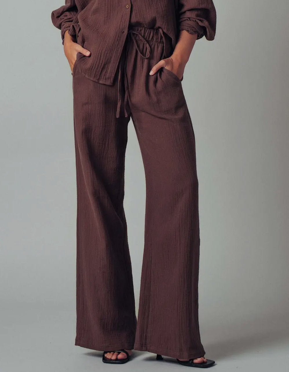 Brown Textured Gauze Pants