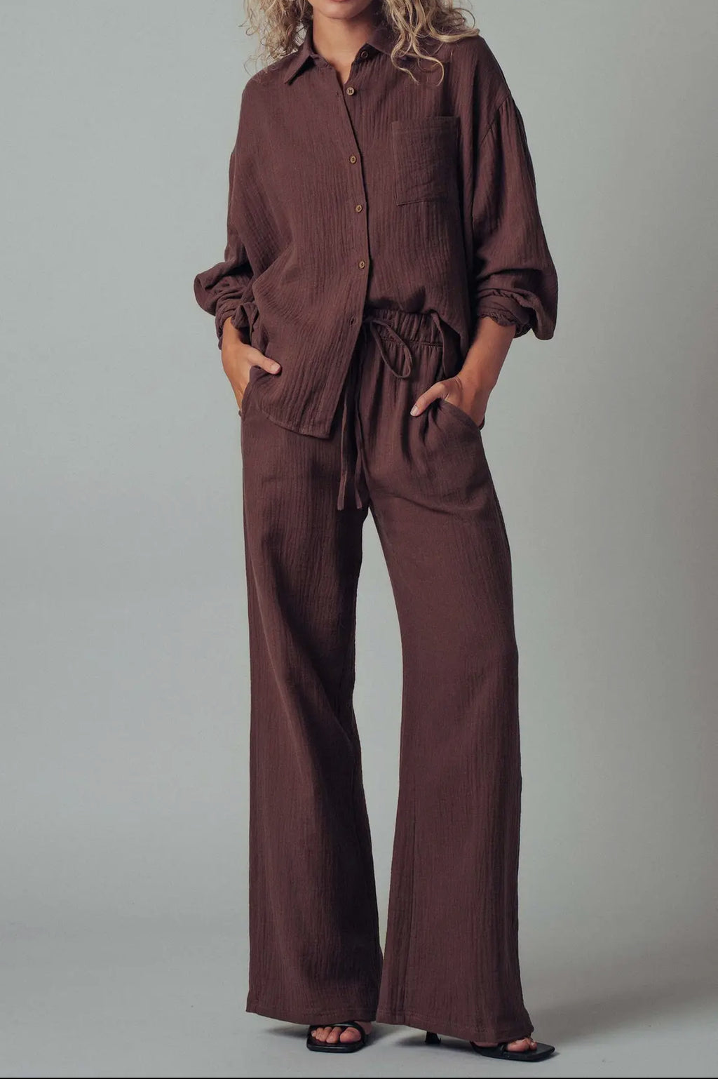 Brown Textured Gauze Pants