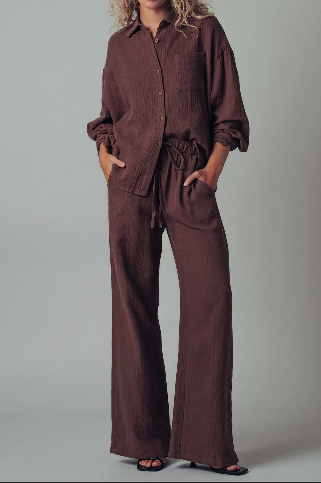 Brown Textured Gauze Pants