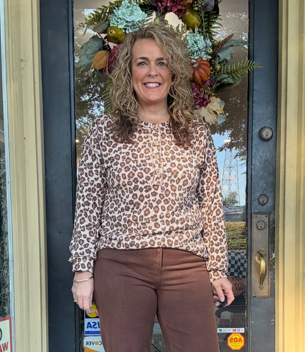 Tan Animal Print Ribbed Top