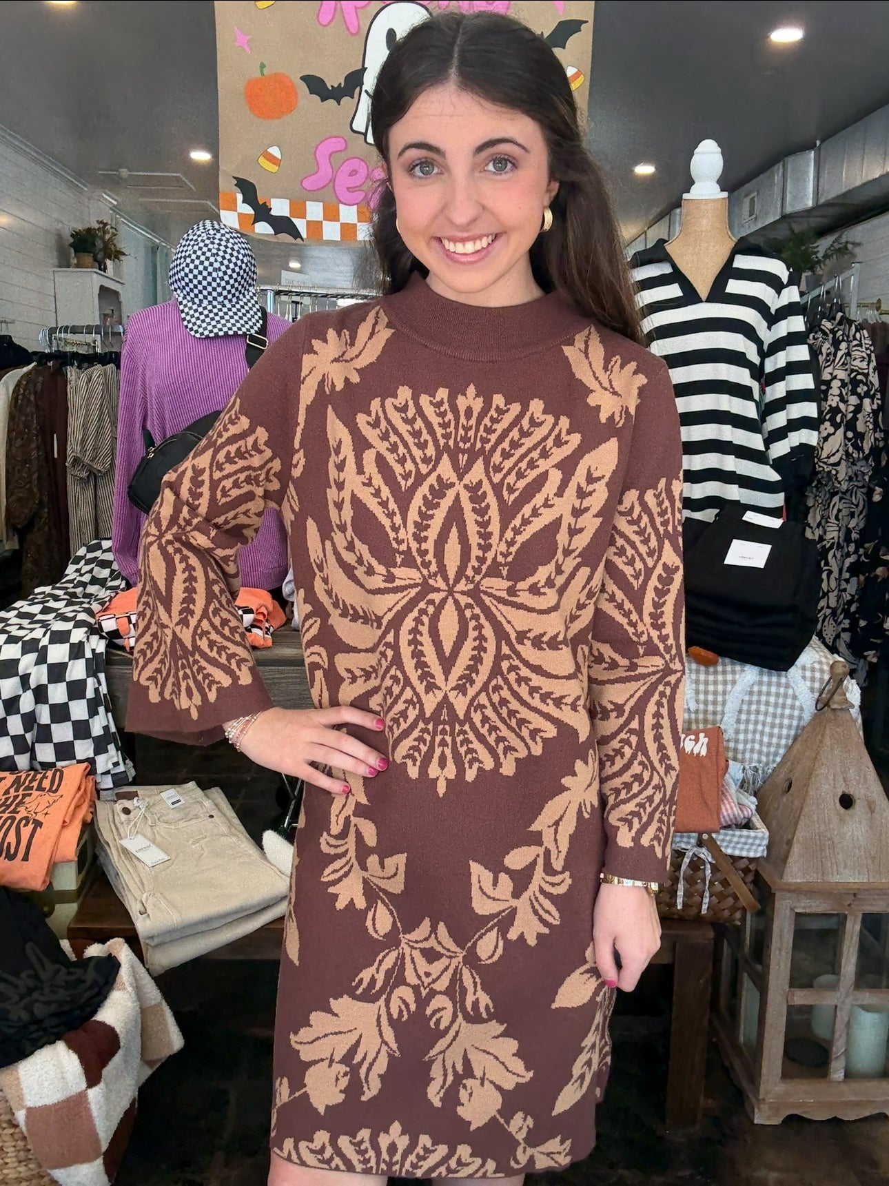 Brown Abstract Print Sweater Dress
