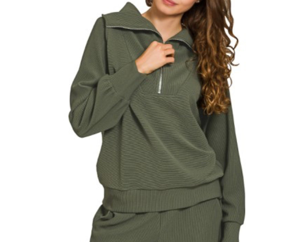 Dark Olive Ribbed Half Zip Top
