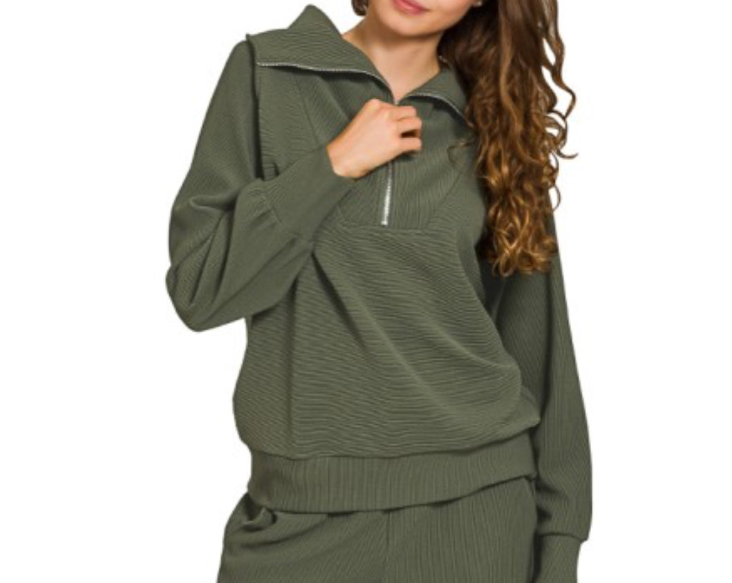 Dark Olive Ribbed Half Zip Top