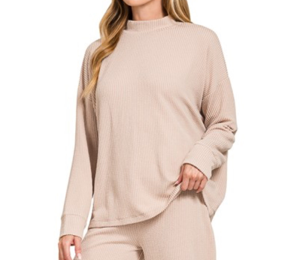 Beige Ribbed Mock Neck Top