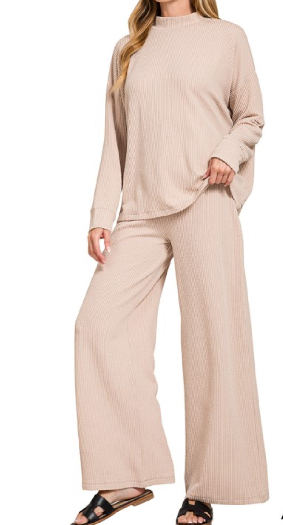 Beige Ribbed Mock Neck Top