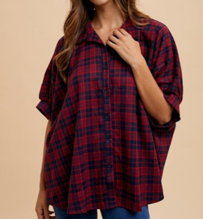 Dark Red Oversized Plaid Blouse