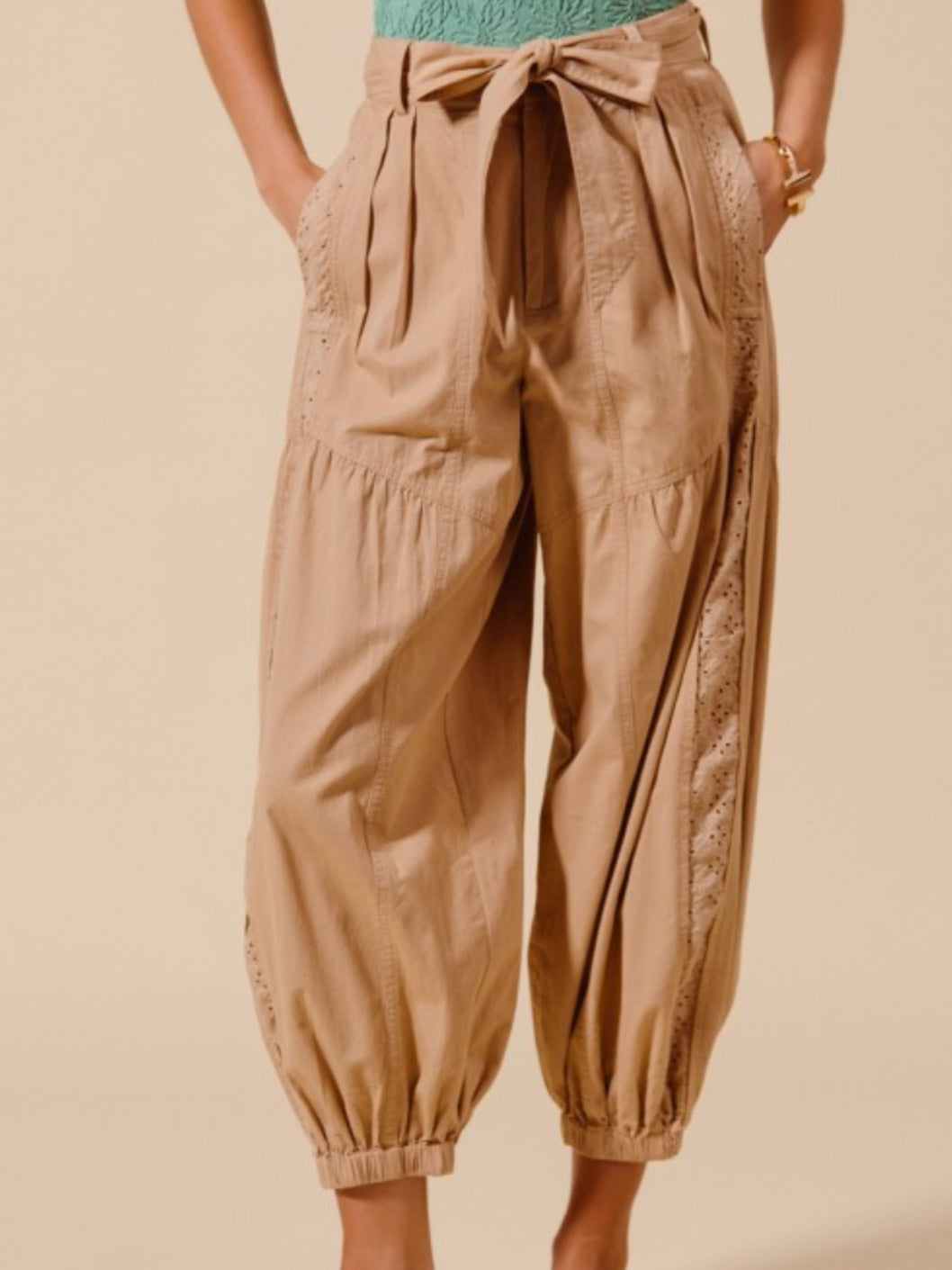 Taupe Lace Trim Jogger Pants