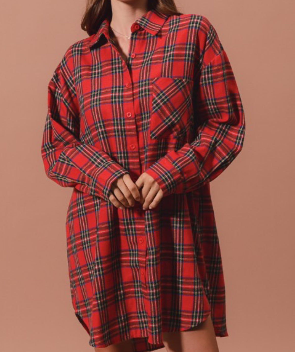 Red Plaid Button Up Shirt Dress